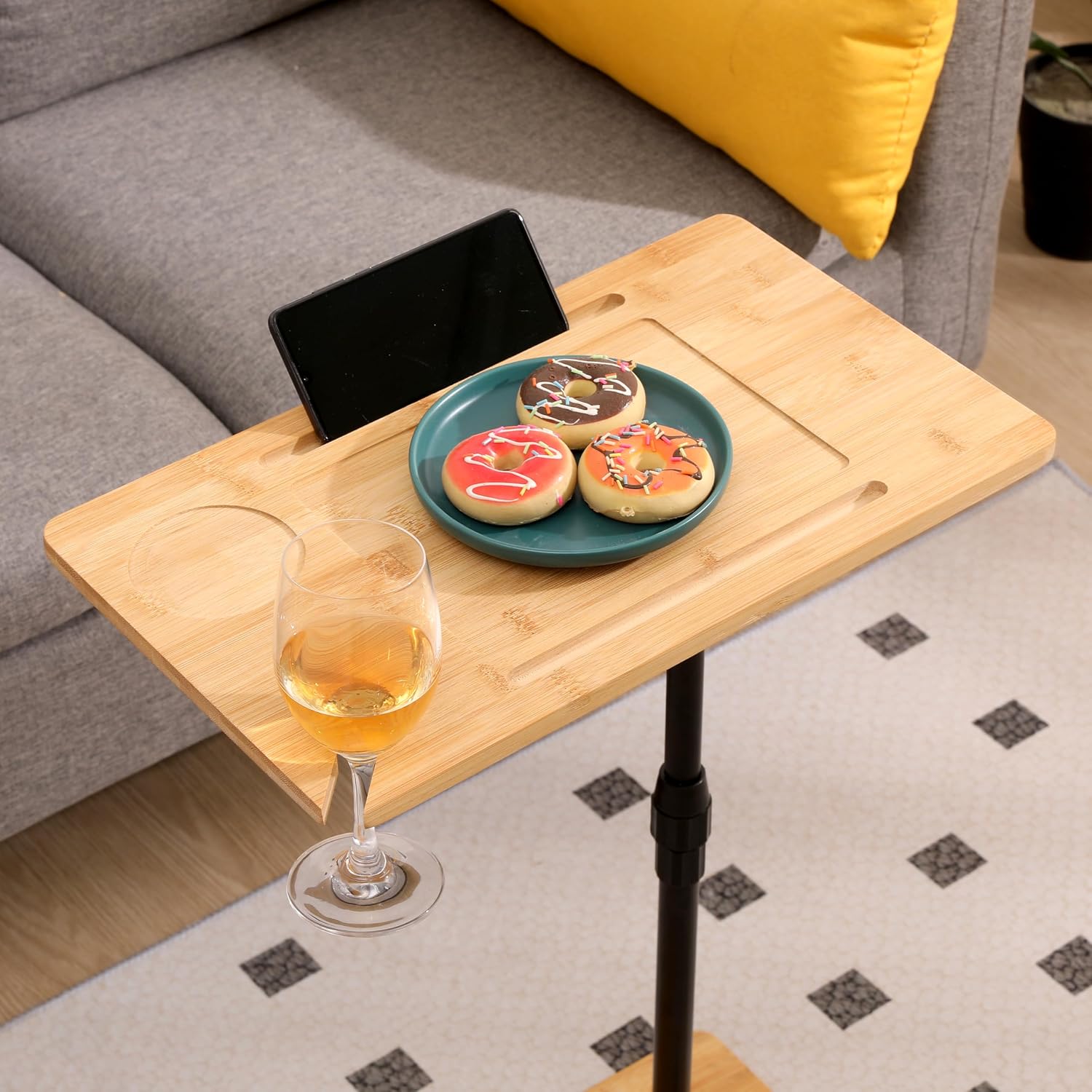 Bamboo Couch Tray Table Height Adjustable C-Shaped End Table with Slots 2 Tier Sofa Side Table for Living Room & Bedroom -Rectangle + Rectangle
