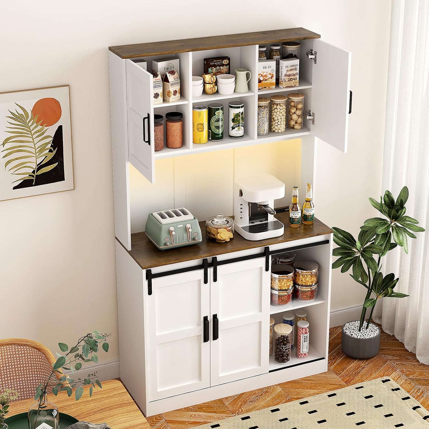 74" High Kitchen Pantry Cabinet, Large Kitchen Buffet with U+B Charging Port, 3 Shelves and 1 Drawer for Dining Room, Living Room, White