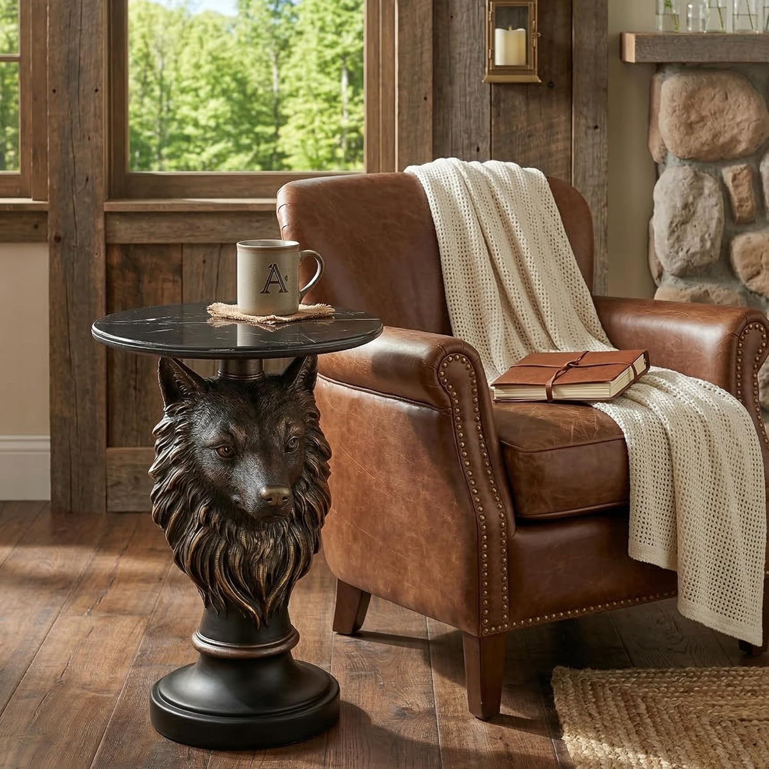 Wolf Head Side Table - 25" Tall Unique Animal Resin End Table with Marble Top, Gothic Antique Accent Furniture for Living Room & Bedroom, Majestic Wolf Statue Nightstand, Rustic Cabin Decor, Bronze