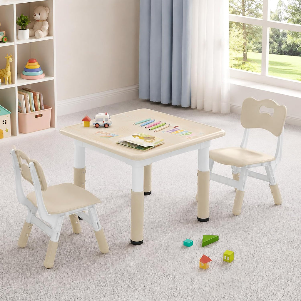 Height Adjustable Kids Table and Chairs Set (2 Chairs) for Ages 2-8 | Non-Slip Toddler Activity Table with Wipe-Clean Desktop, Montessori Learning & Art Drawing Desk for Home Preschool Classroom