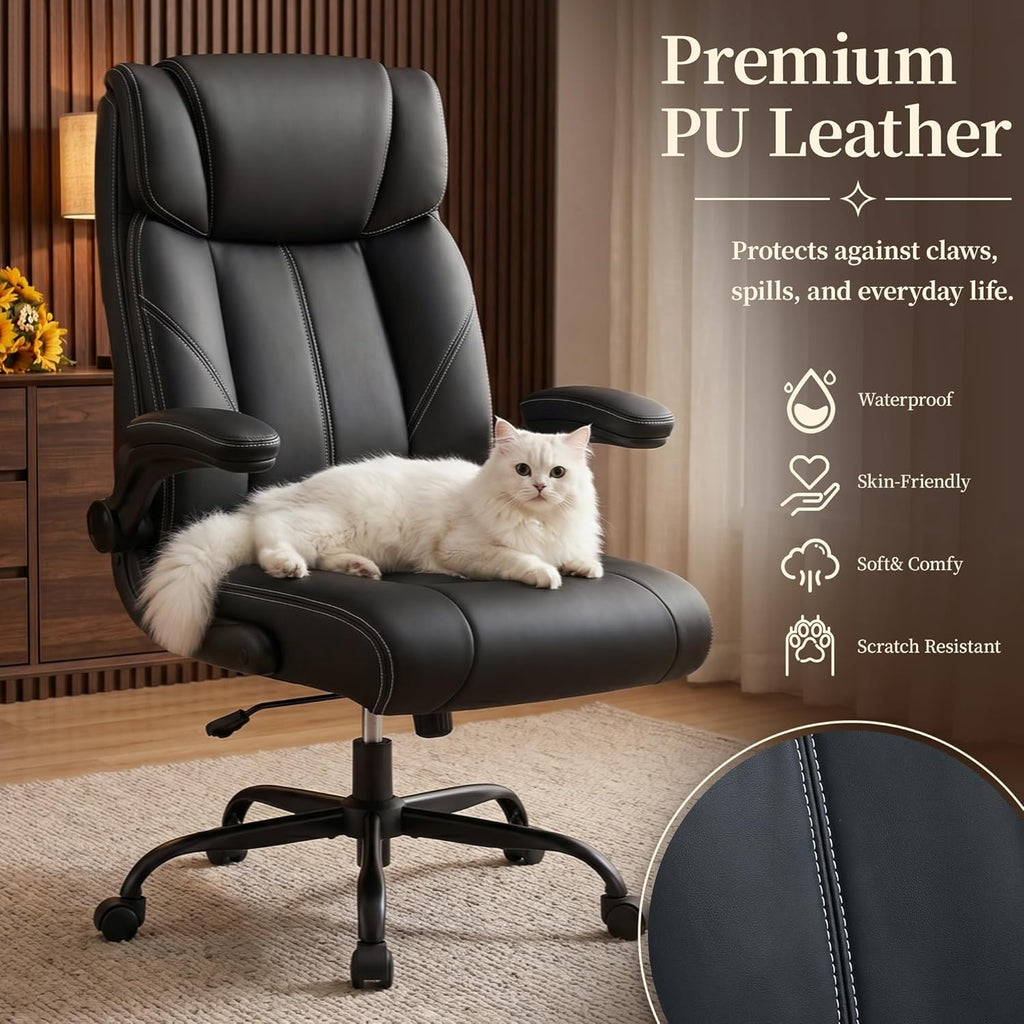 Office Chair, Leather Ergonomic Computer Desk Chair with Rocking Function, High Back Executive Home Office Chair with Adjustable Flip-up Armrests, Lumbar Support, 360° Swivel, Black