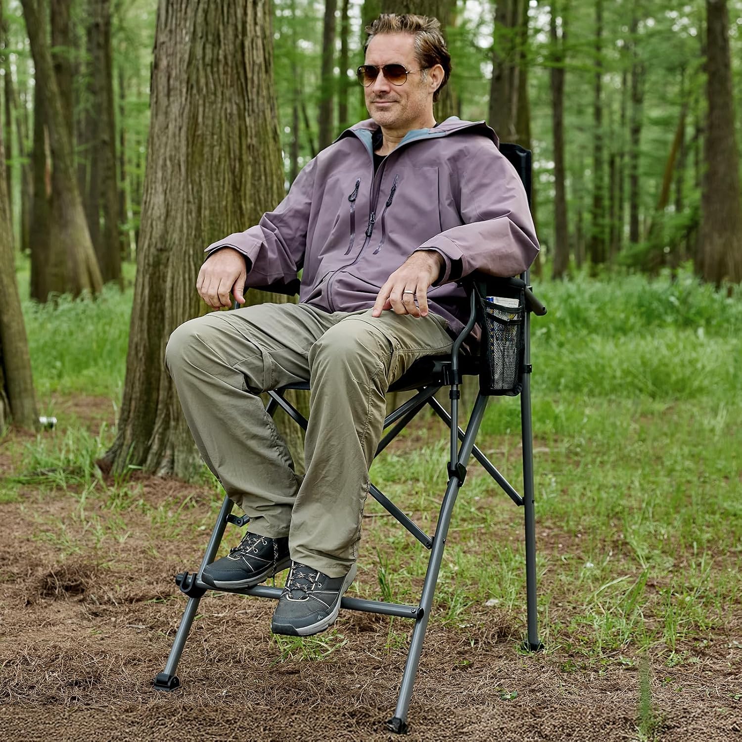 EVER ADVANCED Textilene Mesh Tall Camping Folding Chair 31", Portable Directors Chair, Bar Height Camping Chair with Carry Bag and Footrest, Armrest, Heavy Duty Supports 300 Lbs Black