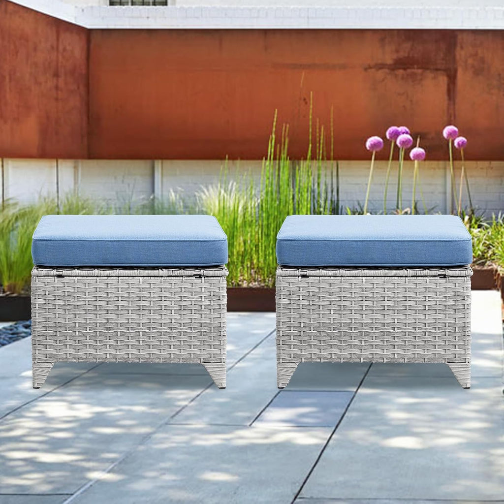 Wicker Outdoor Ottomans Set of 2 - Handwoven Rattan Outdoor Footrests for Patio, All Weather Footstools with Removable Cushions for Porch, Balcony, Deck & Garden - Light Gray/Baby Blue