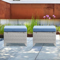 Wicker Outdoor Ottomans Set of 2 - Handwoven Rattan Outdoor Footrests for Patio, All Weather Footstools with Removable Cushions for Porch, Balcony, Deck & Garden - Light Gray/Baby Blue