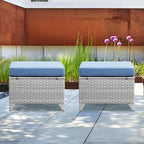 Wicker Outdoor Ottomans Set of 2 - Handwoven Rattan Outdoor Footrests for Patio, All Weather Footstools with Removable Cushions for Porch, Balcony, Deck & Garden - Light Gray/Baby Blue