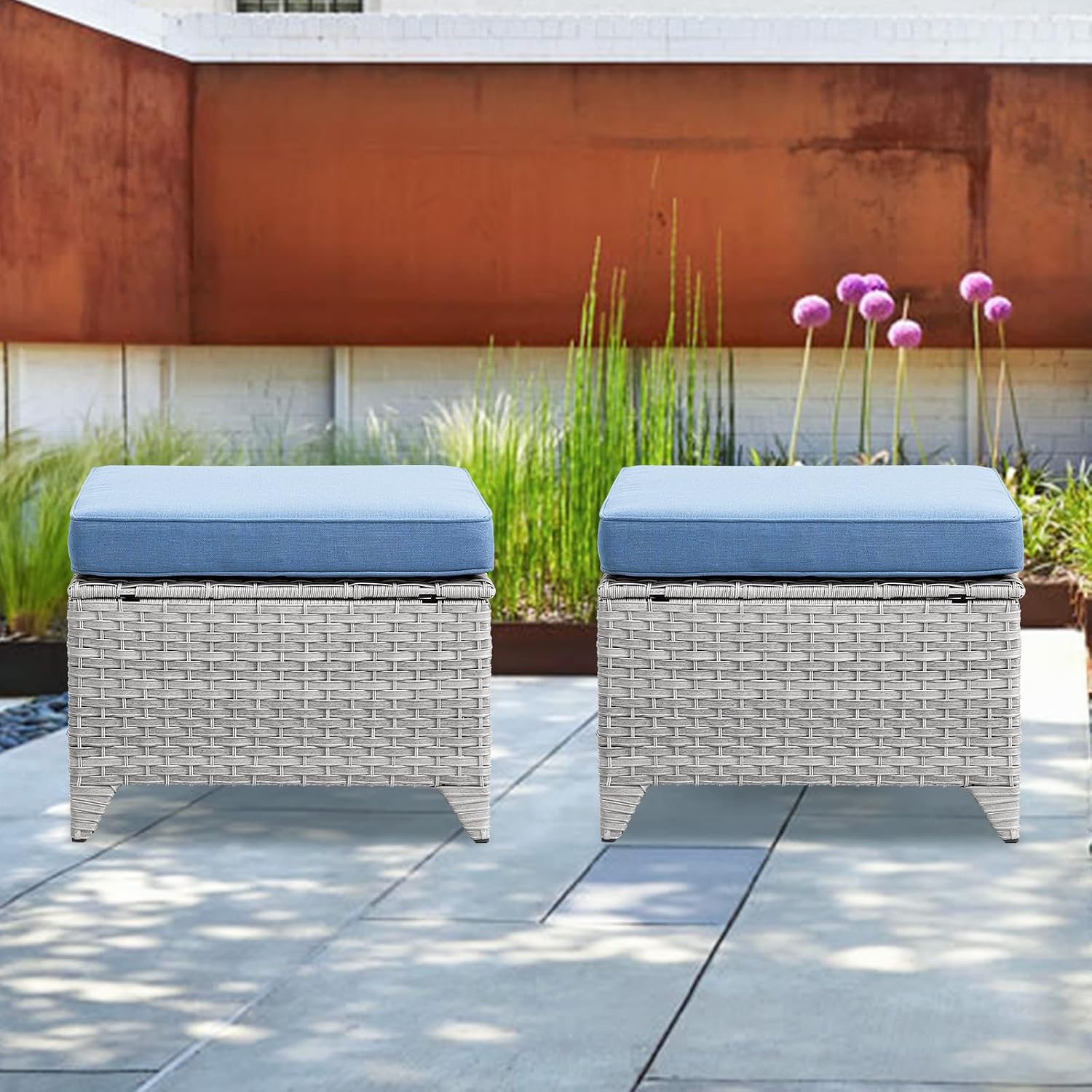 Wicker Outdoor Ottomans Set of 2 - Handwoven Rattan Outdoor Footrests for Patio, All Weather Footstools with Removable Cushions for Porch, Balcony, Deck & Garden - Light Gray/Baby Blue