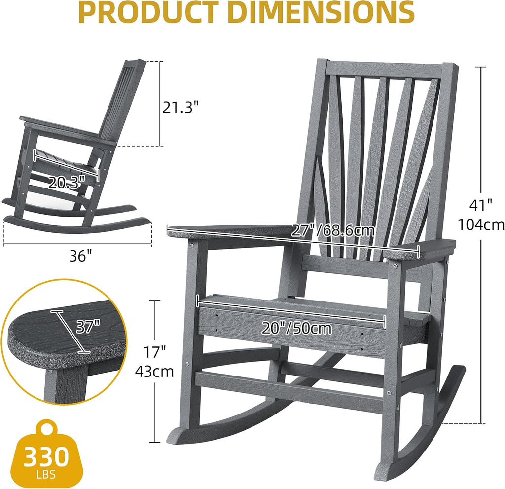 DWVO Outdoor Rocking Chair, Patio Rocker with Windsor Backrest & Wide Armrests, HDPE Patio Chair, 30° Rocking Motion, Outdoor Rocker for Porch, Balcony, Garden Seating, Gray