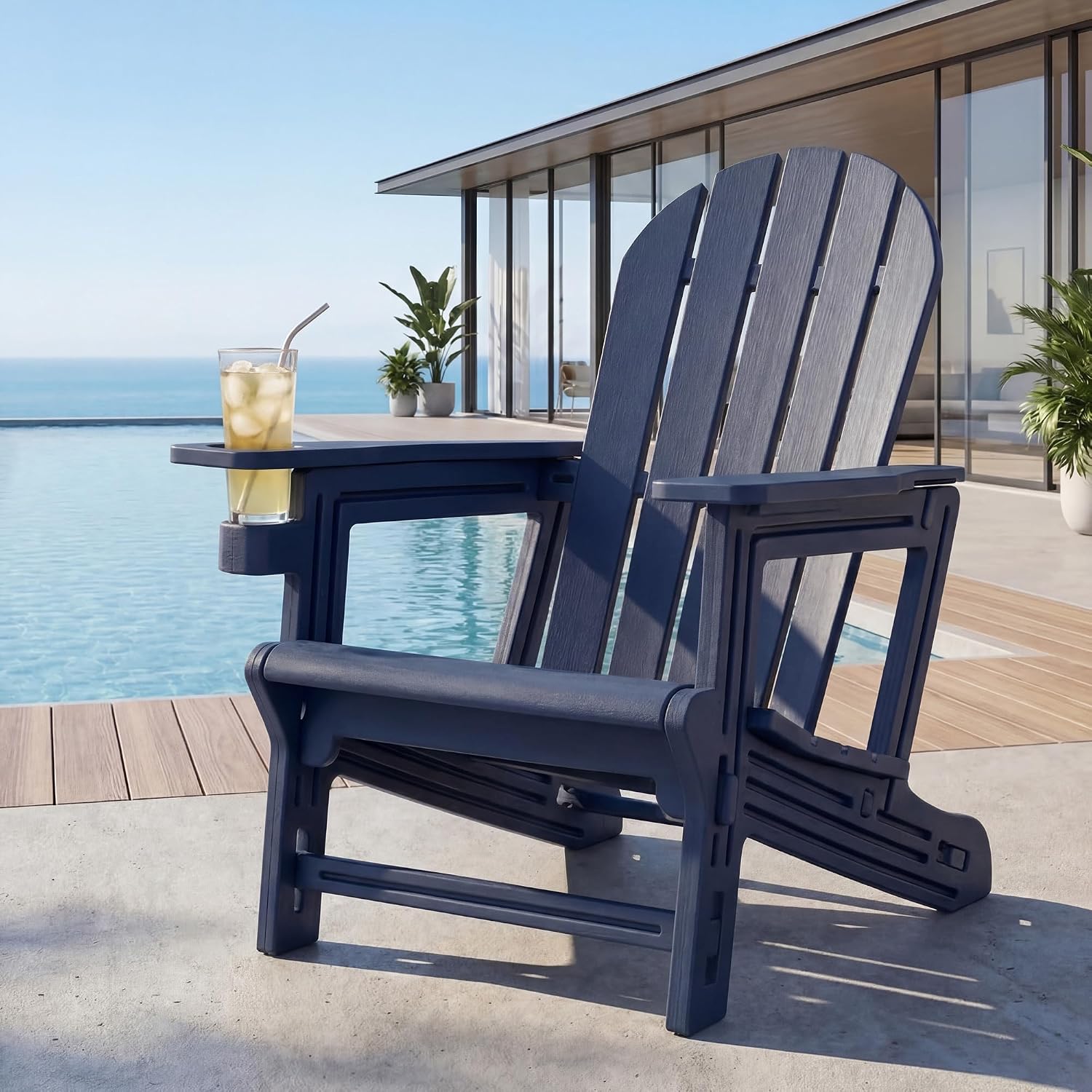 HOMPUS Outdoor Adirondack Chair, Patio HDPE Chair with Cup Holder, Solid Garden Chair Weather Resistant, Fire Pit Chair, Plastic Patio Chair for Deck,Garden, Wood Textured-Blue