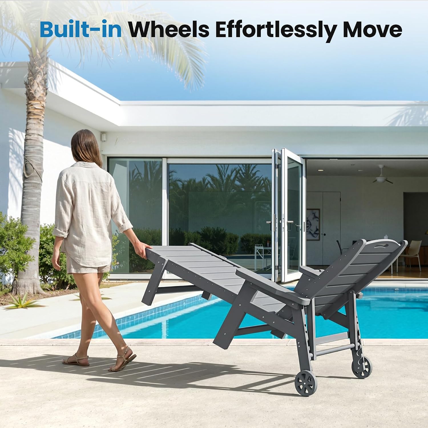 UDPATIO Outdoor Lounge Chair Pool Waterproof Chaise Chairs Reclining | HDPE 5-Position Adjustable with Wheels Double Cup Holder Heavy-Duty for Beach Garden Deck or Indoor Hdpe Light Grey