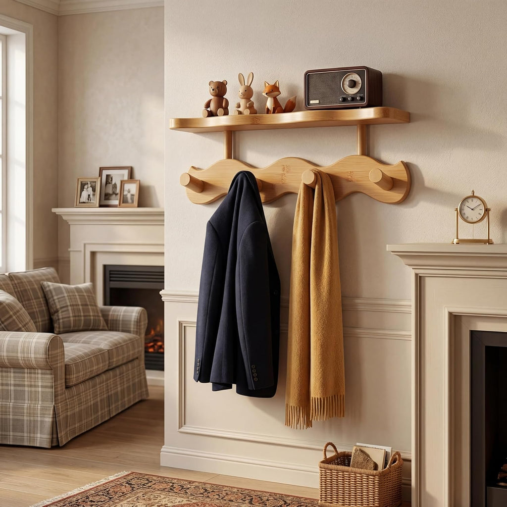 Wave-Shaped Bamboo Coat Rack Wall Mount with Shelves - Modern Decorative Wall Hooks for Entryway, Bathroom & Bedroom,Eco-Friendly Organic Wood Wall Mounted Rack for Hanging Coats, Bags, Keys 4 Hooks