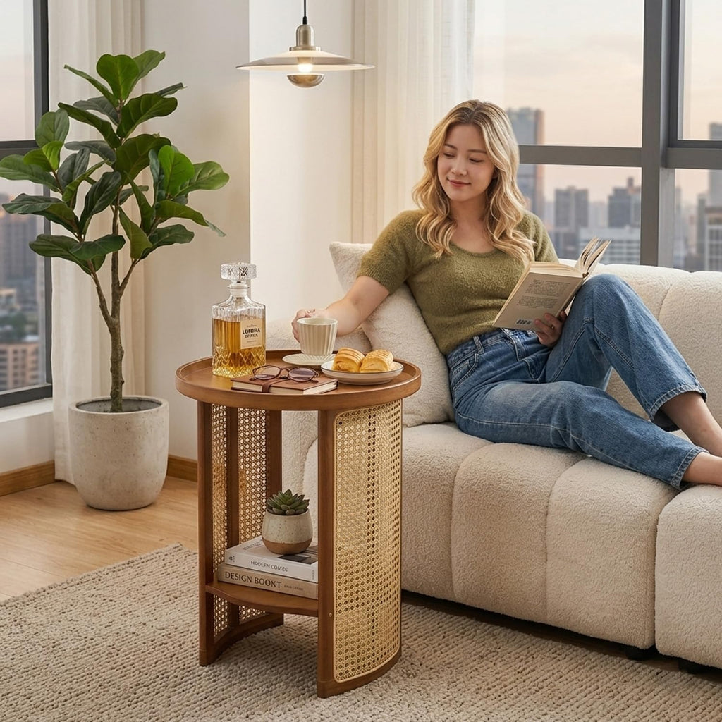 Rattan Coffee Table Round End Table with 2 Layer Storage Bamboo Living Room Side Table for Sofa Bedroom Balcony Small Space