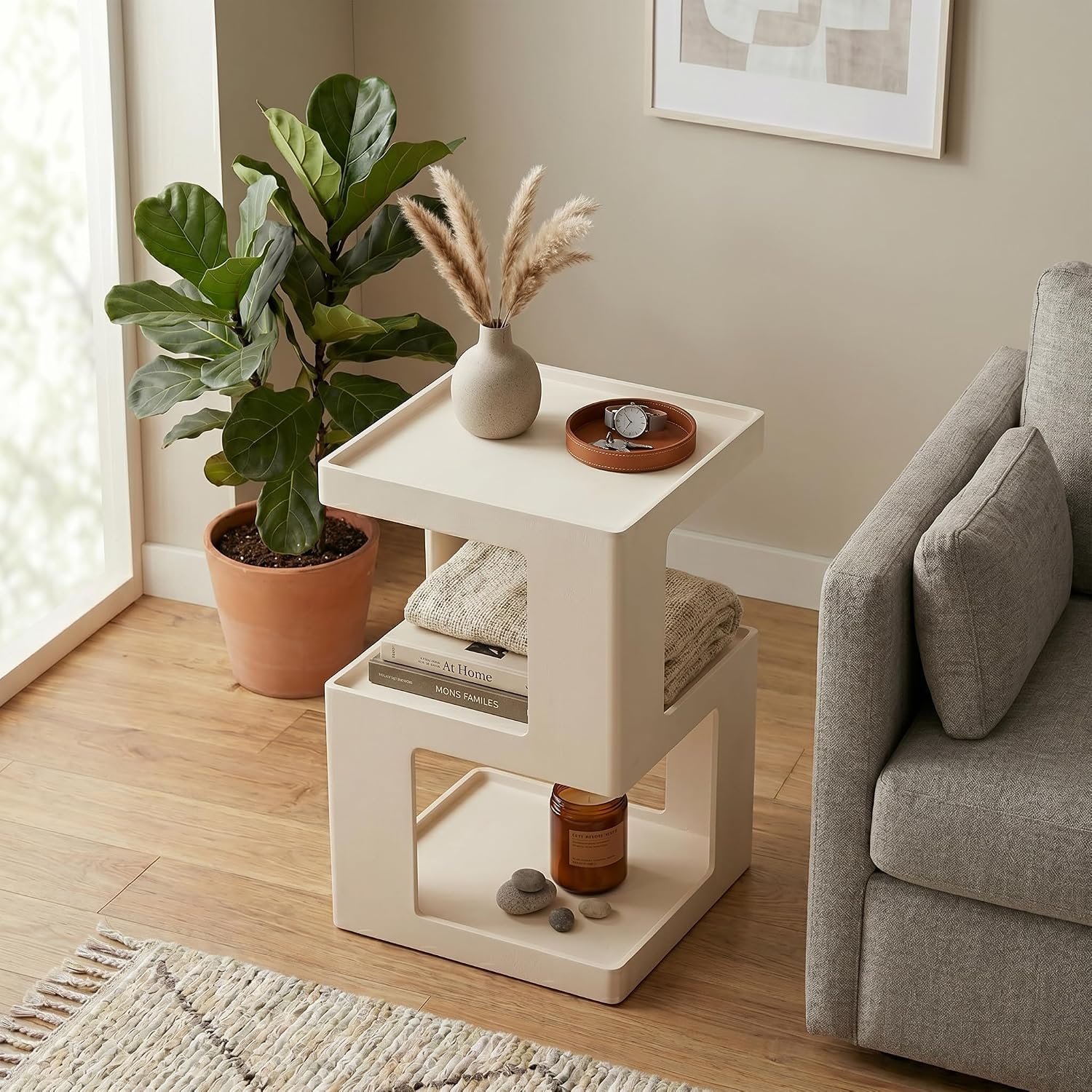 COZAYH Farmhouse Geometric Wood End Table, Distressed Accent Side Table with Two Storage Space, 3-Layer Cube Design for Bedroom, Living Room, Entryway, White