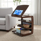 Wooden C-Shaped End Table with 2 Lockable Wheels 4-Tier Small Side Table with Storage Bag Adjustable Desktop 360 Degree Swivel TV Tray for Living Room Bedroom Use
