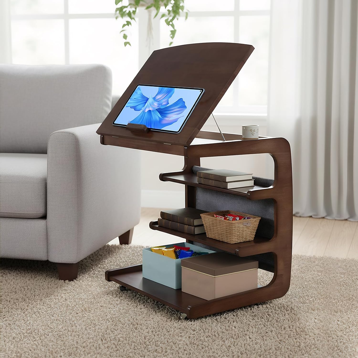 Wooden C-Shaped End Table with 2 Lockable Wheels 4-Tier Small Side Table with Storage Bag Adjustable Desktop 360 Degree Swivel TV Tray for Living Room Bedroom Use