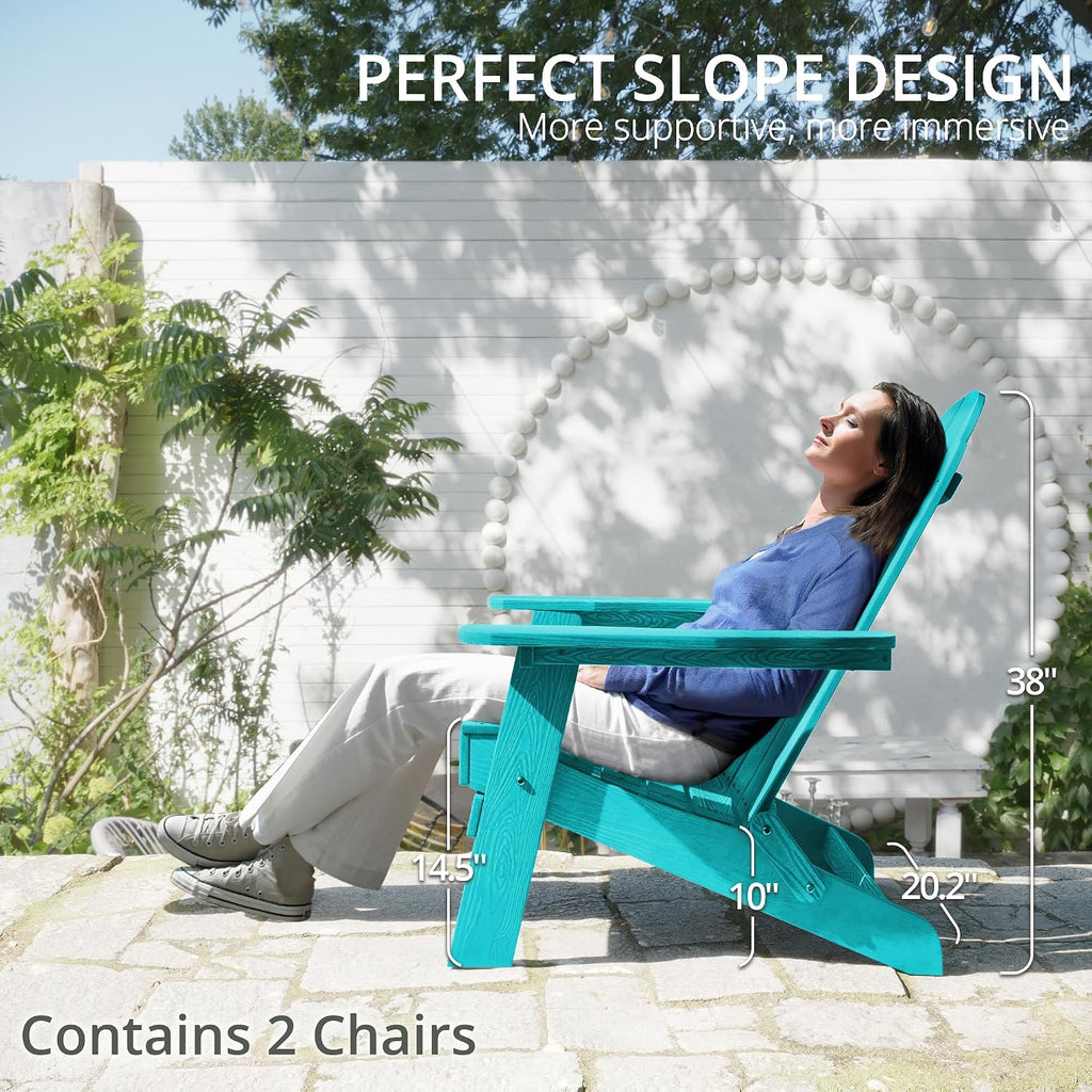 LUE BONA Folding Adirondack Chair Set of 2, HDPS Weather Resistant Outdoor Patio Chair for Balcony Garden, 350lbs Heavy Duty, One-Step No-Pin Folding, Wood Grain Texture, Fire Pit Seating, Aruba Blue