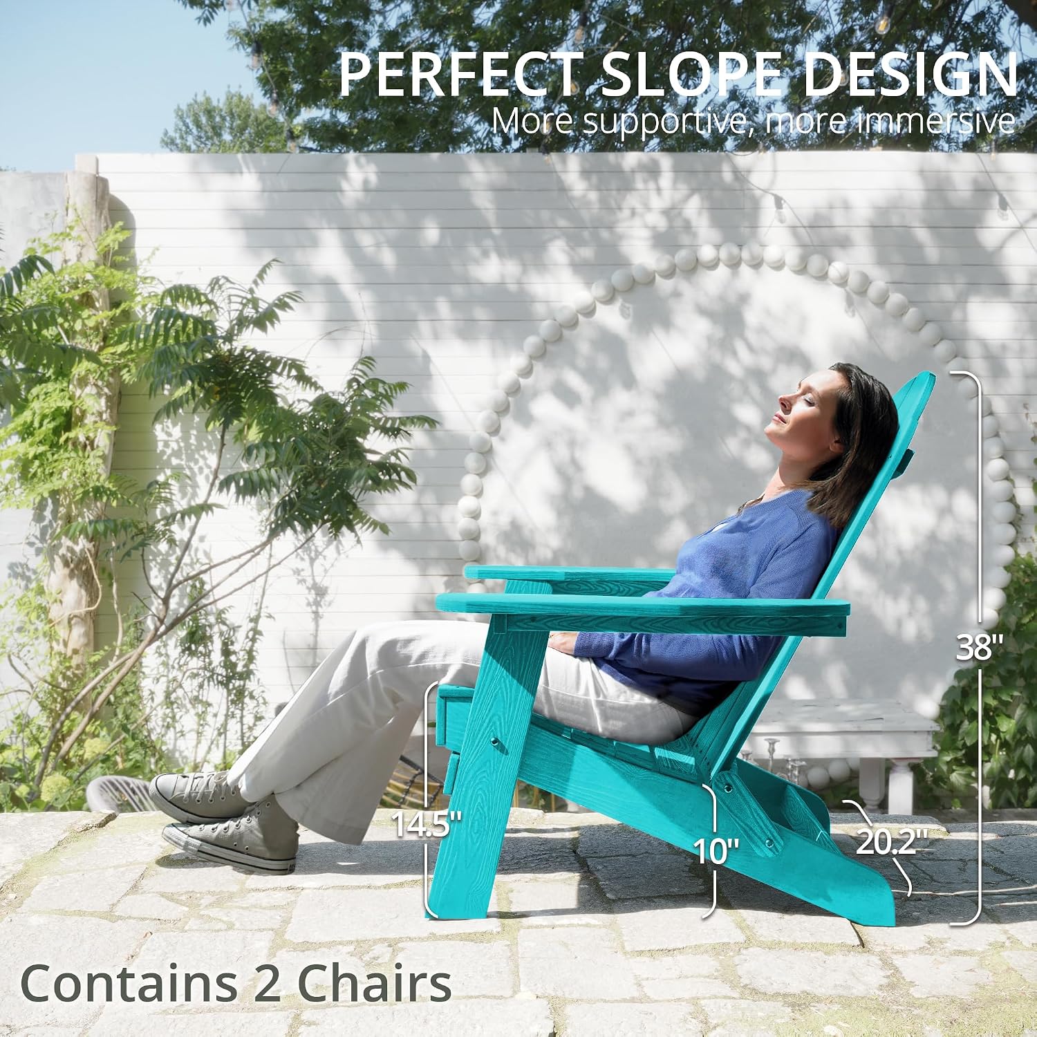 LUE BONA Folding Adirondack Chair Set of 2, HDPS Weather Resistant Outdoor Patio Chair for Balcony Garden, 350lbs Heavy Duty, One-Step No-Pin Folding, Wood Grain Texture, Fire Pit Seating, Aruba Blue