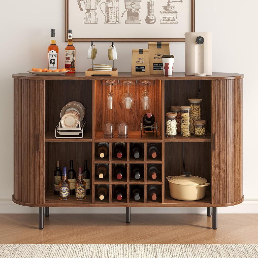 55 Inch Fluted Wine Bar Cabinet, Liquor Cabinet with LED Light, Coffee Bar Cabinets with Storage, Mid-Century Modern Bar Cabinet with Charge Station Wine Racks for Kithcen (Walnut)
