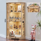 LELELINKY Farmhouse Corner Display Cabinet with Glass Doors, Corner Curio Cabinet with 3-Color LED Motion-Sensor Light, Reinforced Base, Natural
