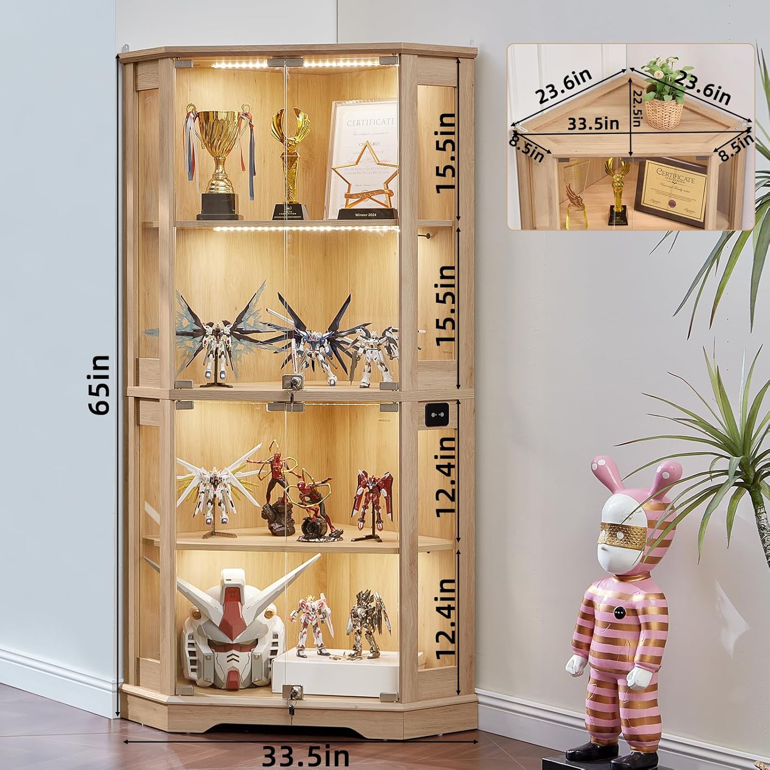 LELELINKY Farmhouse Corner Display Cabinet with Glass Doors, Corner Curio Cabinet with 3-Color LED Motion-Sensor Light, Reinforced Base, Natural