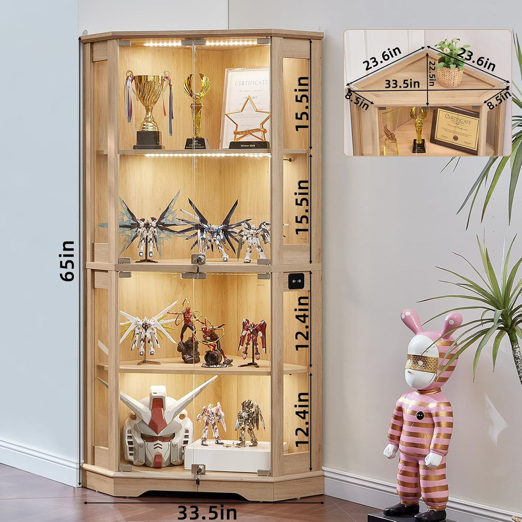 LELELINKY Farmhouse Corner Display Cabinet with Glass Doors, Corner Curio Cabinet with 3-Color LED Motion-Sensor Light, Reinforced Base, Natural