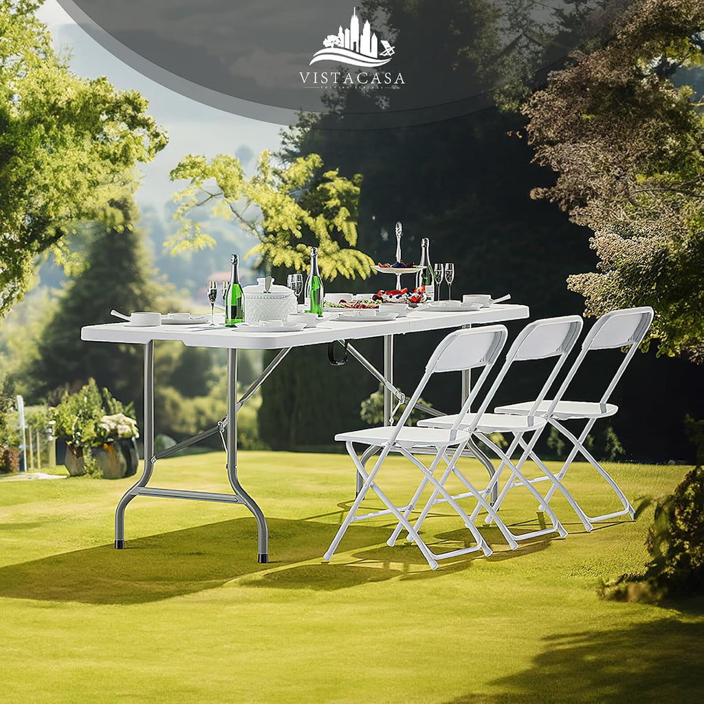 10 Pack White Plastic Folding Chairs, Portable Stackable Commercial Chairs with Steel Frame, 350 lb Capacity Indoor Outdoor Seating for Wedding Party Event Office Dining
