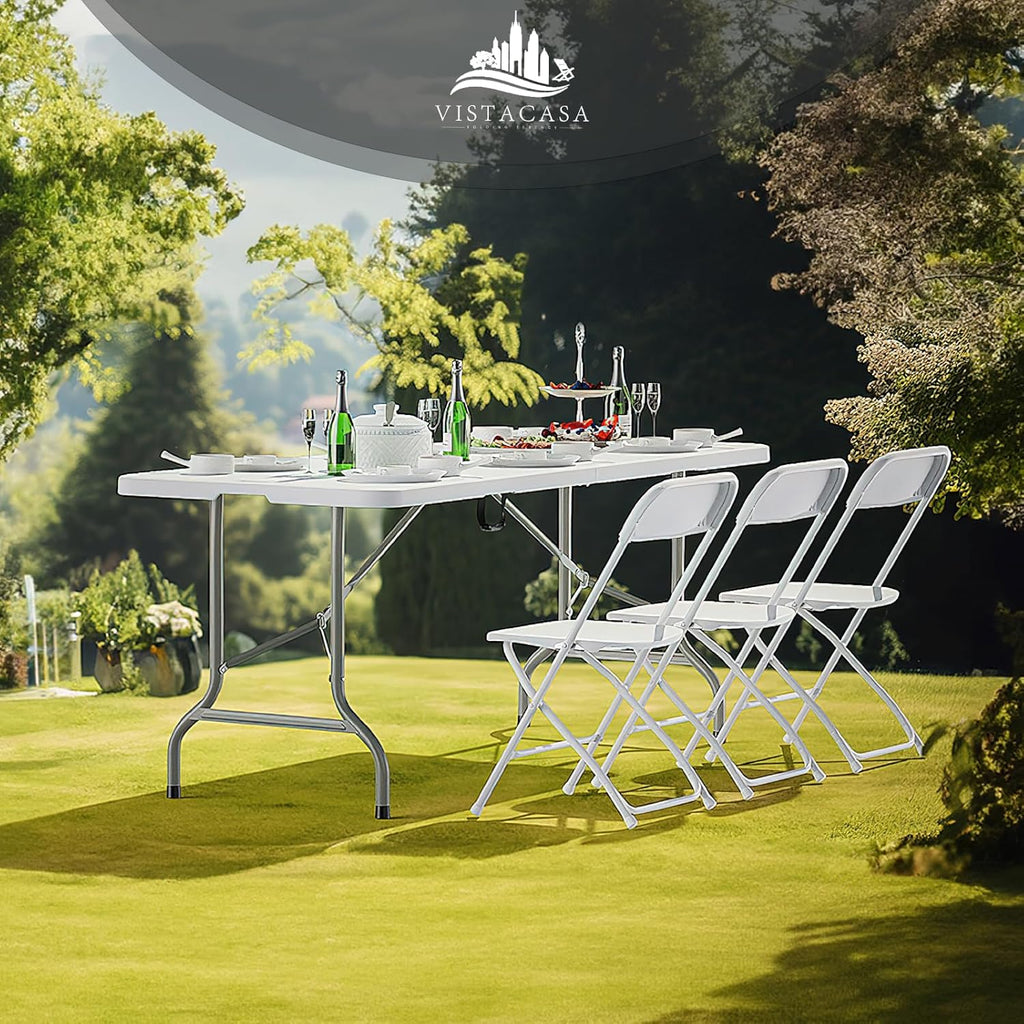 100 Pack White Plastic Folding Chairs, Portable Stackable Commercial Chairs with Steel Frame, 350 lb Capacity Indoor Outdoor Seating for Wedding Party Event Office Dining