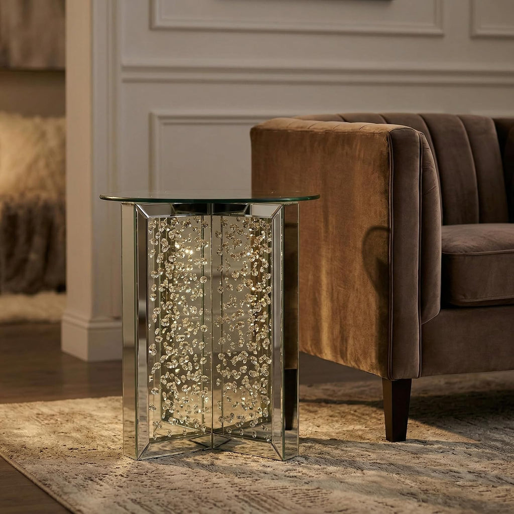 Nysa Modern 21" Round Mirrored End Table with Faux Crystal Inlay, Glam X-Shape Pedestal Side Table, Tempered Glass Top Nightstand for Bedroom, Fully Assembled Accent Table for Living Room