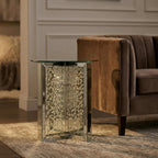 Nysa Modern 21" Round Mirrored End Table with Faux Crystal Inlay, Glam X-Shape Pedestal Side Table, Tempered Glass Top Nightstand for Bedroom, Fully Assembled Accent Table for Living Room