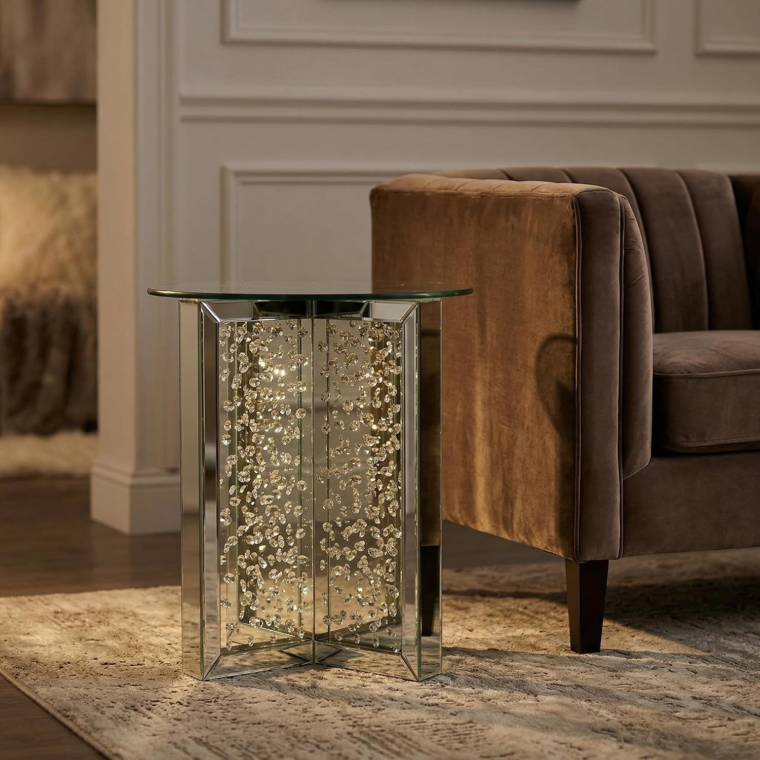 Nysa Modern 21" Round Mirrored End Table with Faux Crystal Inlay, Glam X-Shape Pedestal Side Table, Tempered Glass Top Nightstand for Bedroom, Fully Assembled Accent Table for Living Room