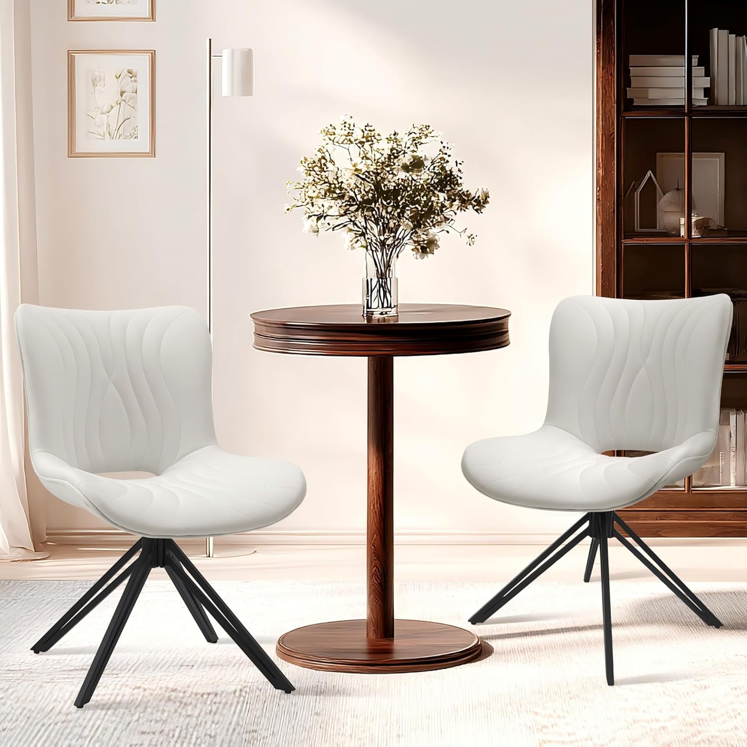 Dining Chairs Set of 2, 360° Swivel Armless Faux Leather Accent Chairs with Padded Back and Metal Legs, Mid-Century Modern Kitchen, Dining Room, Living Room, Bedroom White