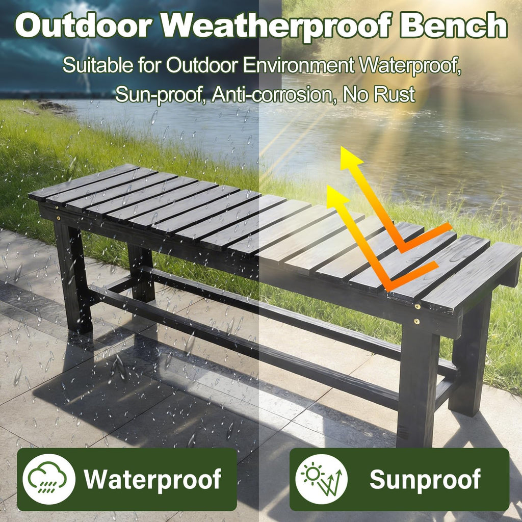 Outdoor Garden Bench, Solid Wood Patio Park Bench All-Weather 2-Person Seat Backless Bench, Anti-Corrosion Anti-Rust Garden Benches for Deck, Porch, Poolside, Yard & Balcony (Black, 35.5 in)