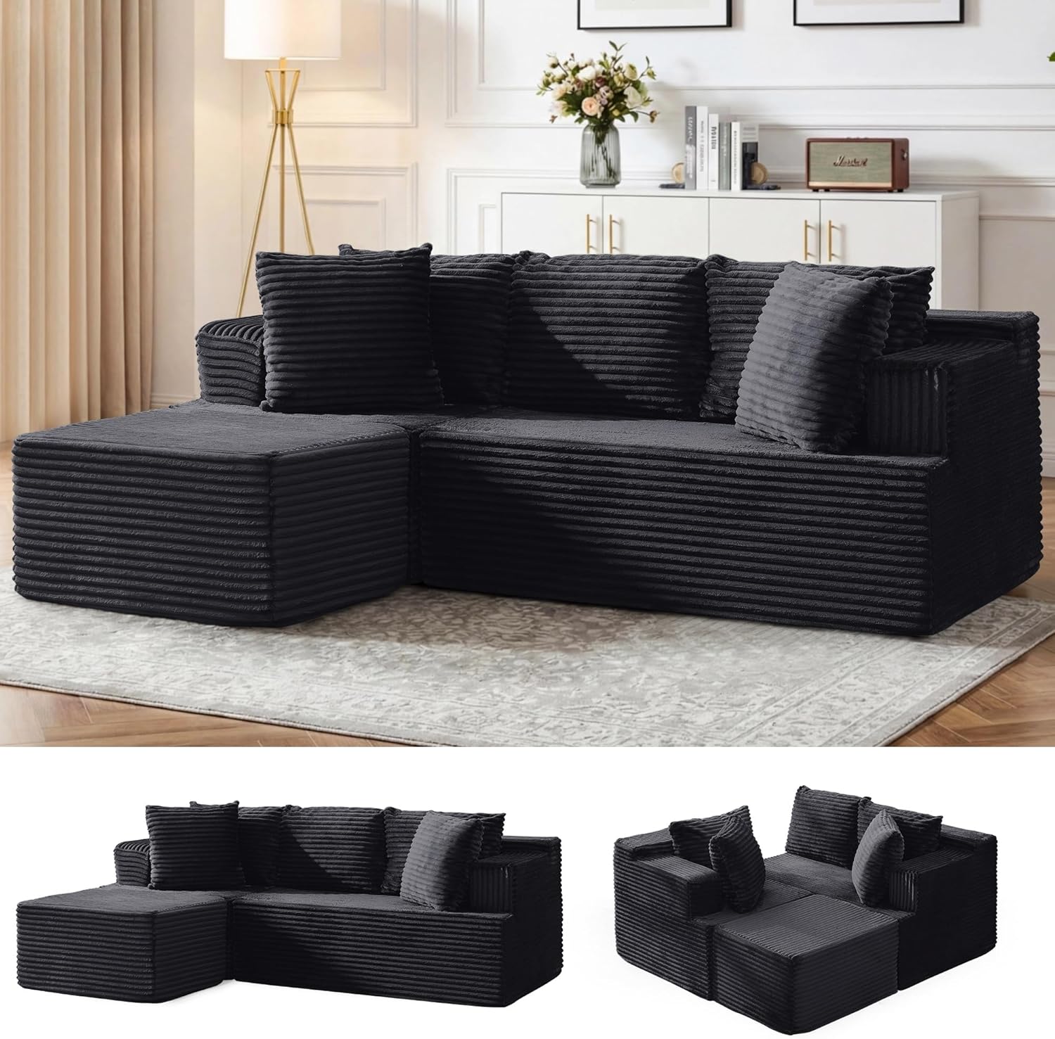 Korser Cloud Modular Sectional Sofa with L-Shaped, Boneless Couches for Living Room, Fluffy Comfy Corduroy Deep Seat with Ottoman, Bedroom, Apartment, No Assembly Required