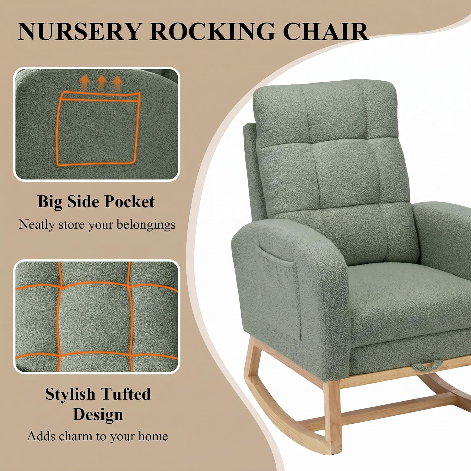Nursery Rocking Chair, Polyester Upholstered Glider Chair with Footrest, Comfy Rocker Chair, Accent Chair with High Backrest, Glider Rocker, Armchair for Living Room (Green Teddy)