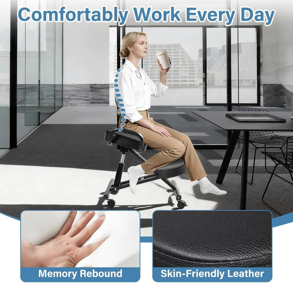 Ergonomic Kneeling Chair, Kneeling Chair with Locking Wheels, Adjustable Height Support Chairs, PU Computer Kneel Chairs for Living Room