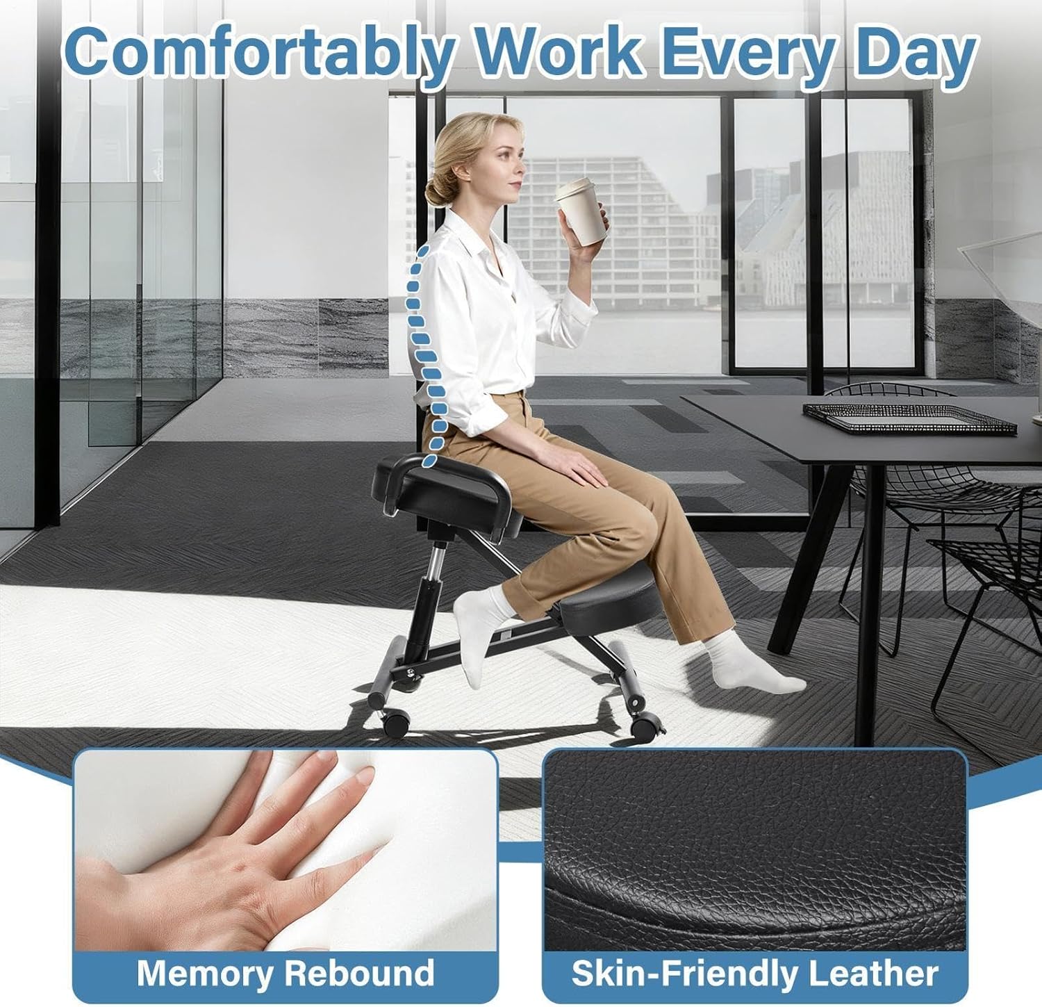 Ergonomic Kneeling Chair, Kneeling Chair with Locking Wheels, Adjustable Height Support Chairs, PU Computer Kneel Chairs for Living Room
