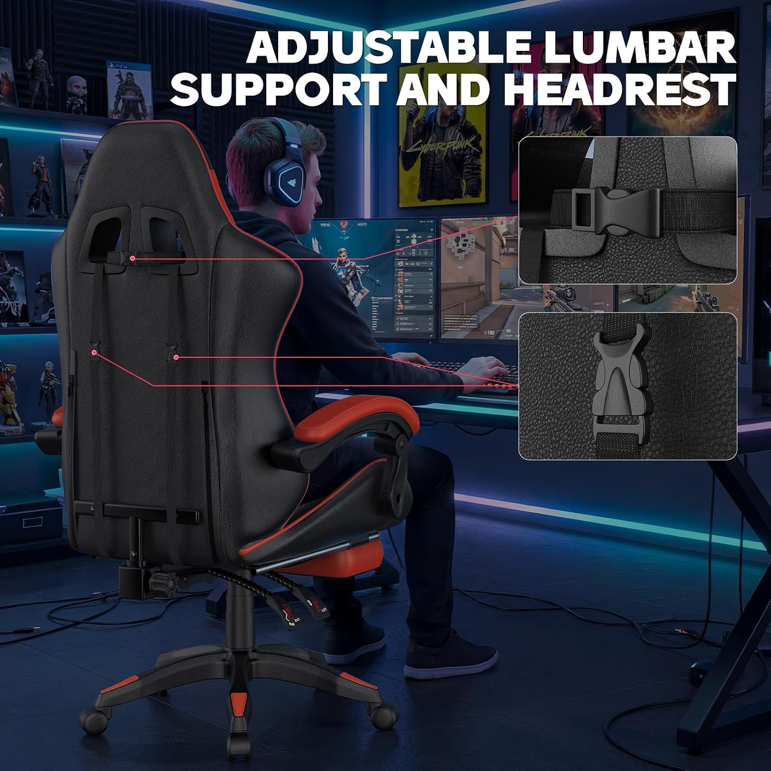 Bigzzia Gaming Chair with Footrest, Ergonomic Computer Chair with Breathable Cushion, Adjustable Headrest, Lumbar Support, 90°-135° Recline Gaming Chairs for Adults, Black Red