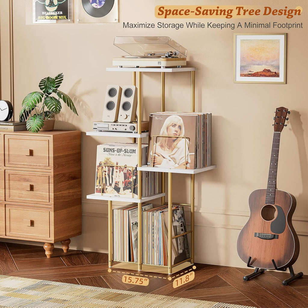 Record Player Stand, Vinyl Record Storage Holder with Display Shelf, Turntable Stand Table with Vinyl Organizer Dividers Album Rack, Vintage Style Record Cabinet Wood, Mid Century Modern Tall Console