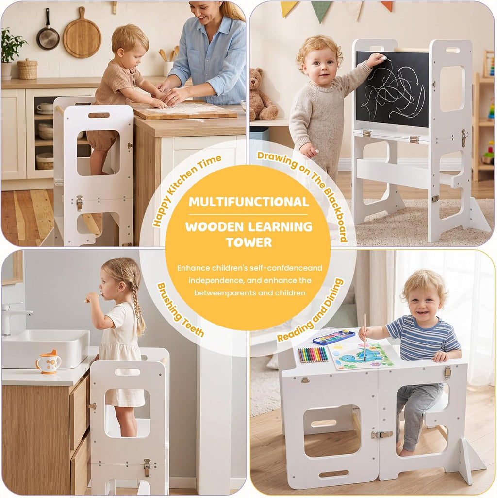 labebe 4-in-1 Toddler Kitchen Helper Tower with Chalkboard, Foldable Learning Standing Stool for Kids 18M+, Wooden Montessori Step Stool for Kitchen Counter, Bathroom Sink & Playroom