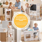 labebe 4-in-1 Toddler Kitchen Helper Tower with Chalkboard, Foldable Learning Standing Stool for Kids 18M+, Wooden Montessori Step Stool for Kitchen Counter, Bathroom Sink & Playroom