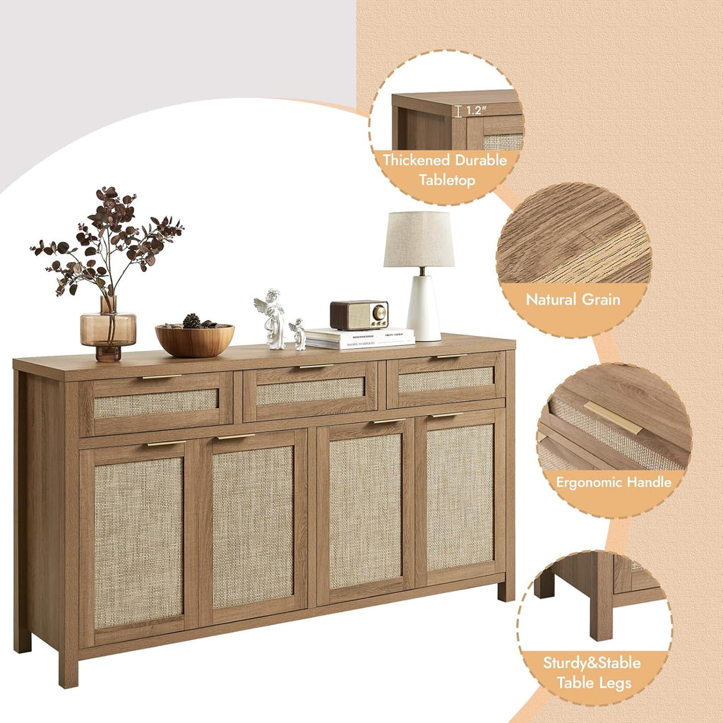 HOKYHOKY 63" Rattan Sideboard Buffet Cabinet, Boho Storage Cabinet with Adjustable Shelves, Farmhouse Credenza Coffee Bar Cabinets with 4 Doors & 3 Drawers for Living Room, Hallway & Kitchen