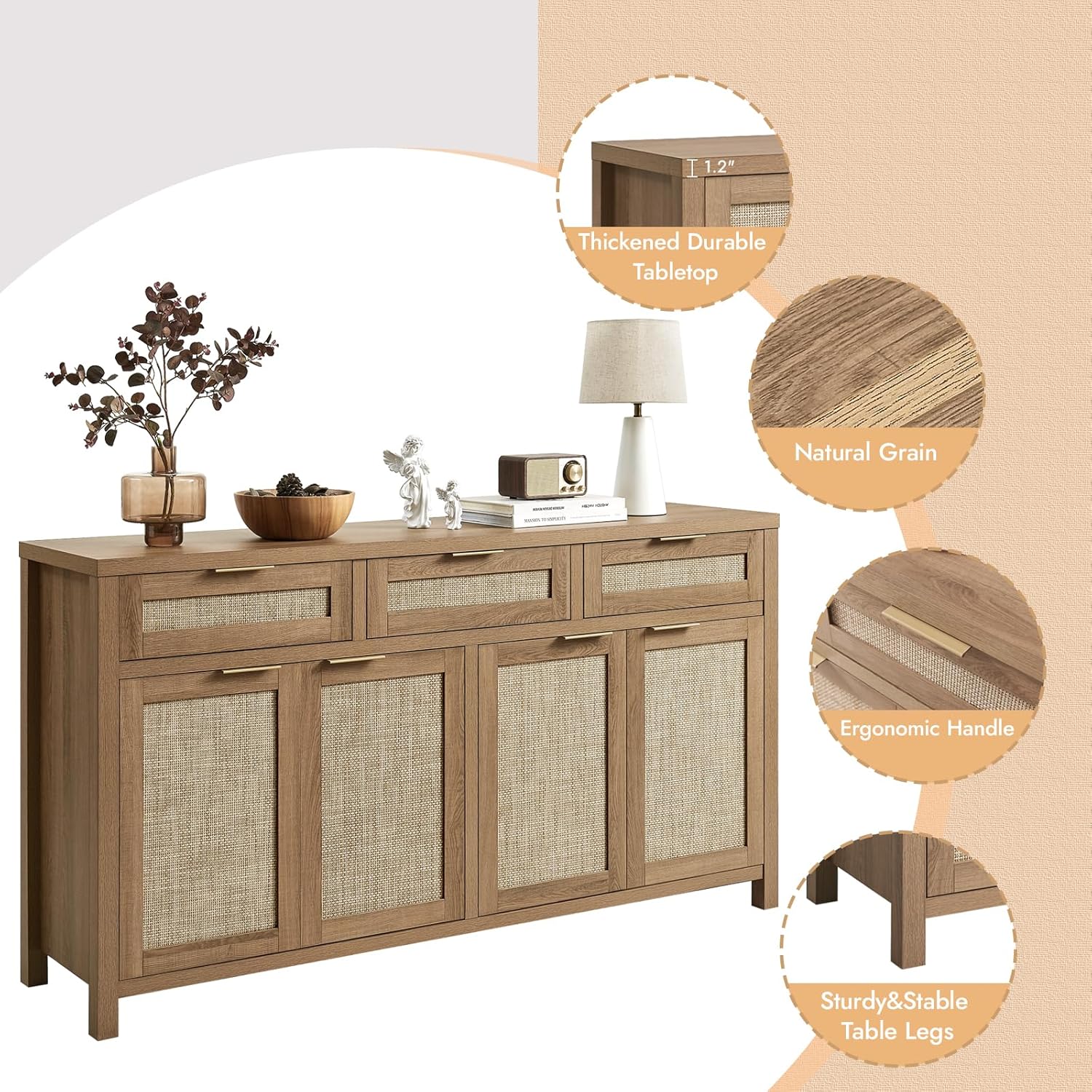 HOKYHOKY 63" Rattan Sideboard Buffet Cabinet, Boho Storage Cabinet with Adjustable Shelves, Farmhouse Credenza Coffee Bar Cabinets with 4 Doors & 3 Drawers for Living Room, Hallway & Kitchen