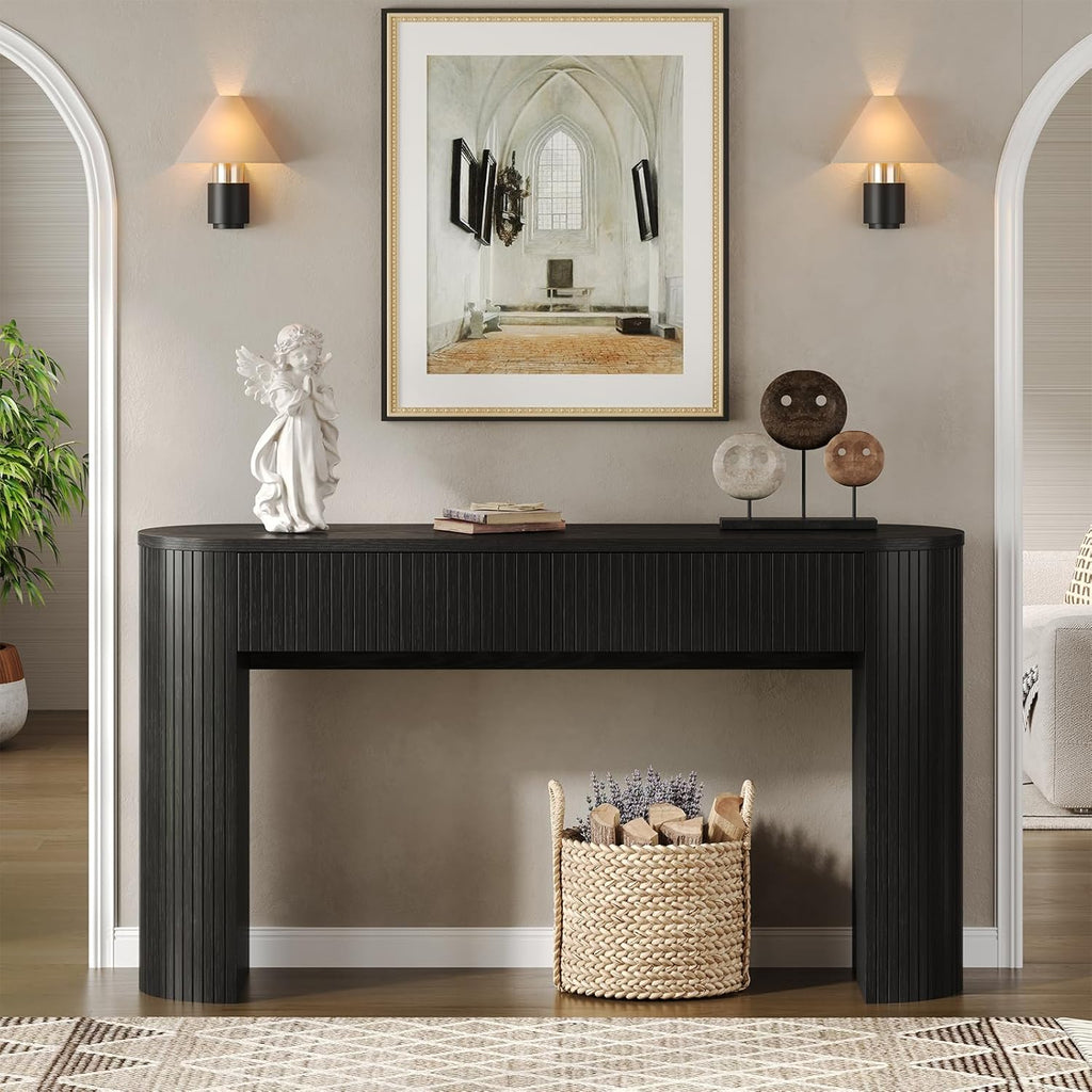 Entryway Table with Storage, Mid-Century Console Tables with 2 Drawers, Modern Fluted Sofa Table Behind The Couch, Foyer Tables for Entryway, Couch,Livingroom (Black, 55 Inches)