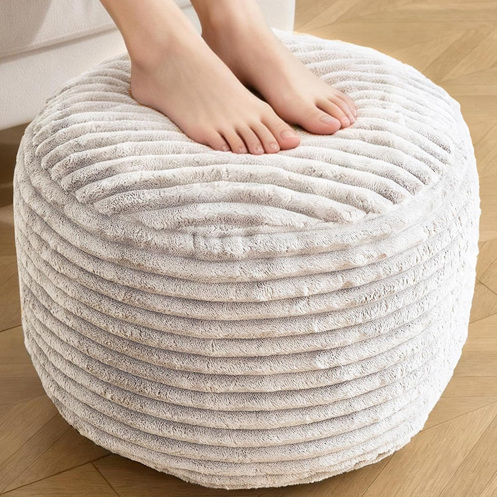 Round Ottoman Corduroy Pouf Foot Rest, Beige, 20x15 in | Storage Ottoman Footstool for Living Room,20x15 Soft Floor Poufs,Memory Foam Filling,Footrest only