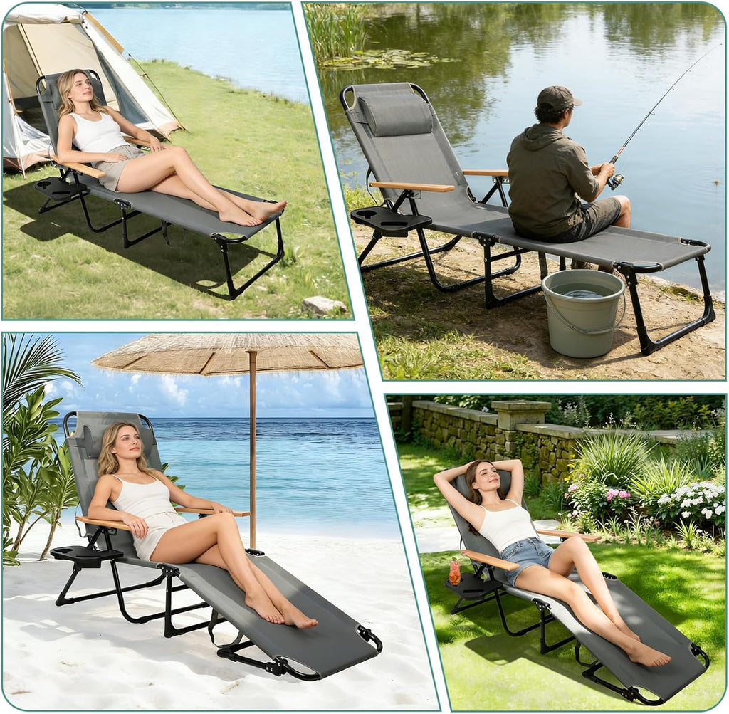 Foldable Chaise Lounge Chair Outdoor, 4-Position Reclining Outdoor Lounge Chairs with Wooden Armrest, Folding Sun Lounger with Removable Pillow for Garden Beach Patio Camp (Gray with Canopy)