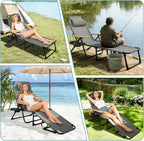 Foldable Chaise Lounge Chair Outdoor, 4-Position Reclining Outdoor Lounge Chairs with Wooden Armrest, Folding Sun Lounger with Removable Pillow for Garden Beach Patio Camp (Gray with Canopy)