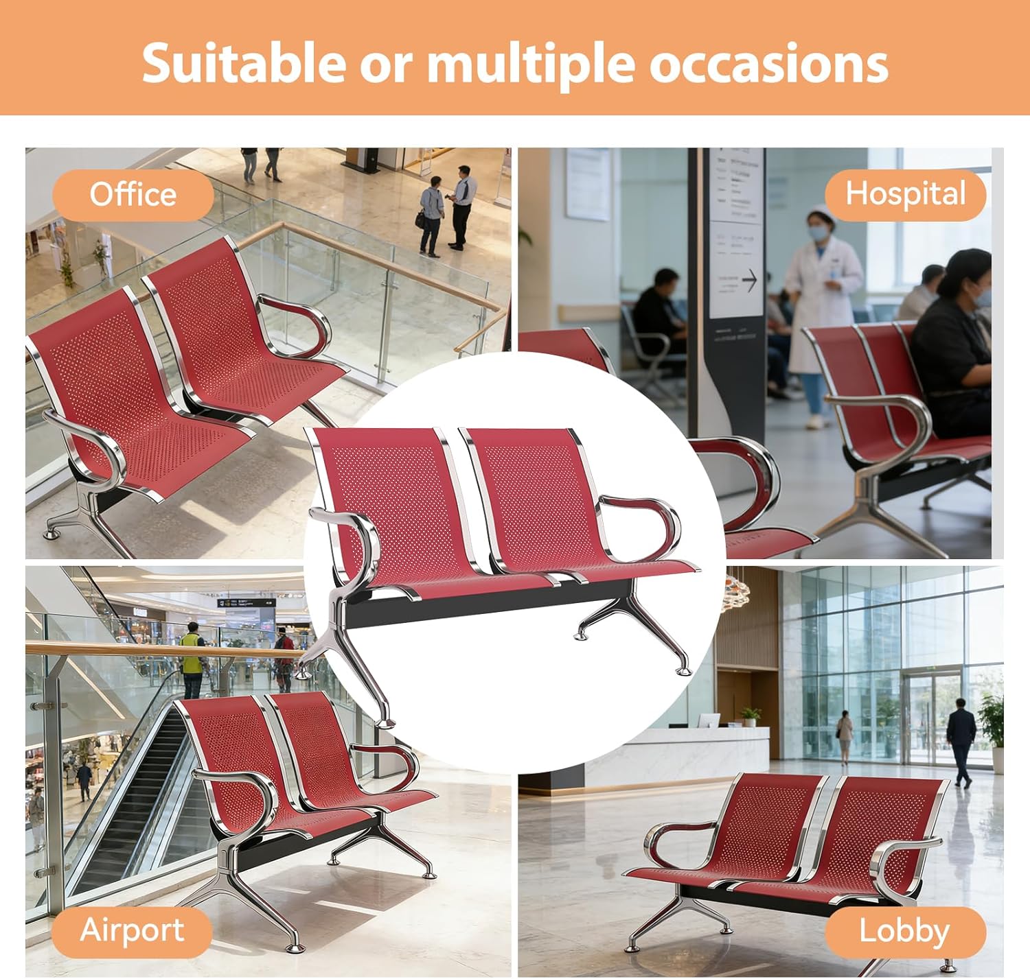 Kinfant 2-Seat Waiting Room Chair - Office Guest Reception Chairs with Ergonomic Backrests, Airport Waiting Bench with Armrests, Metal Waiting Furniture for Hospital, Bank, Salon, Dark Red
