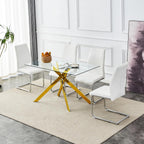 Modern Dining Table for 6 People, 51" Rectangle Dining Room Table with Gold Chrome Metal X-Base, Rectangular Tempered Glass Dining Table, Kitchen Dining Room Tables Luxury Dinner Table