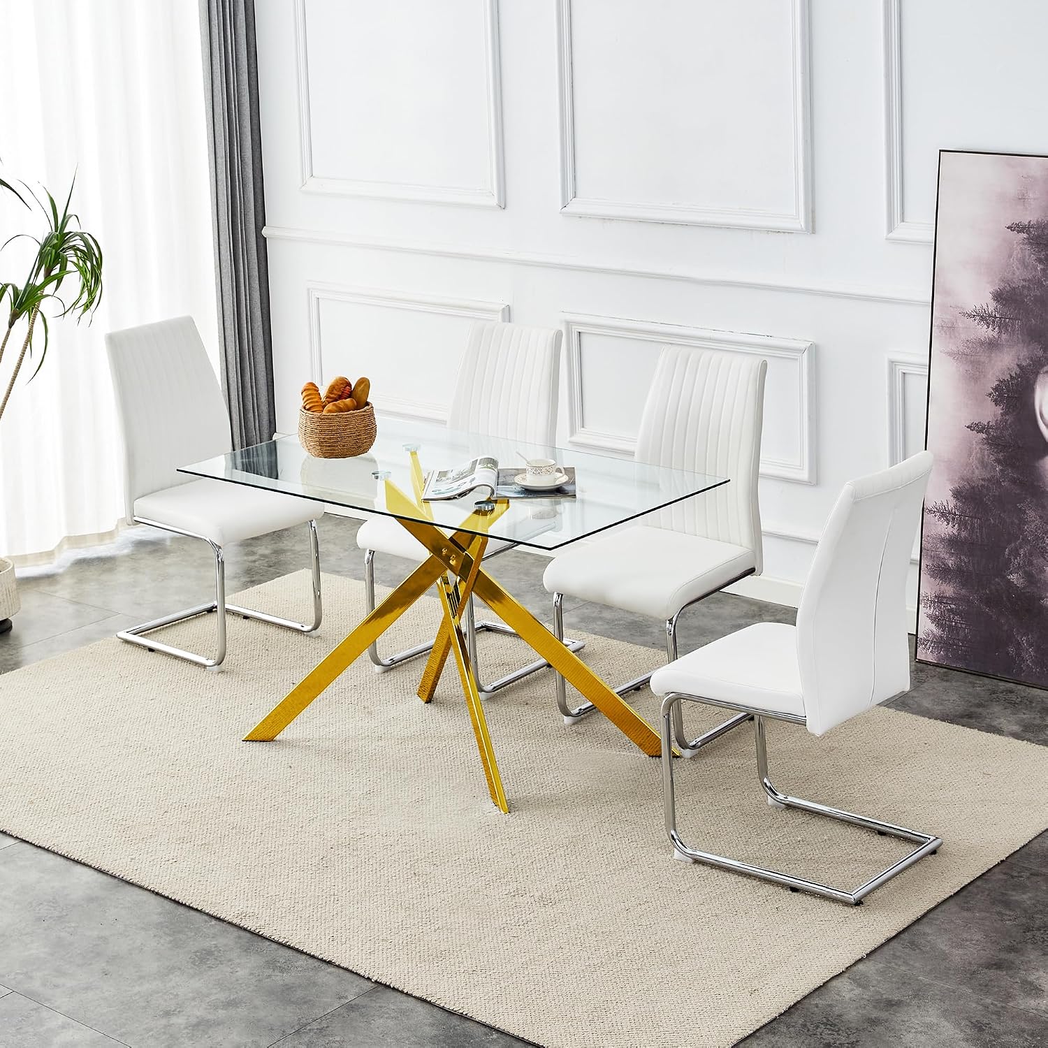 Modern Dining Table for 6 People, 51" Rectangle Dining Room Table with Gold Chrome Metal X-Base, Rectangular Tempered Glass Dining Table, Kitchen Dining Room Tables Luxury Dinner Table