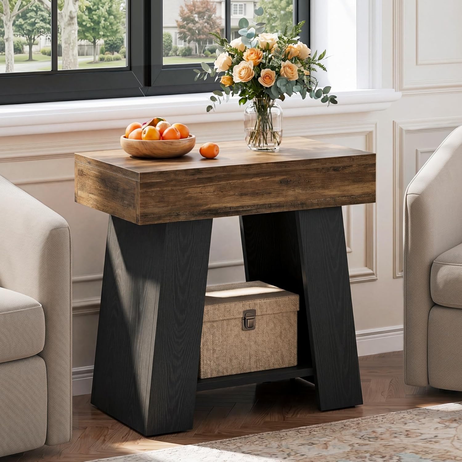 Tribesigns Wooden End Table, 2-Tier Farmhouse Nightstand Sofa Side Table with Storage Shelf, Two-Tone Side Table for Couch, Heavy-Duty Bedside Table for Bedroom, Living Room, Rustic Brown & Black
