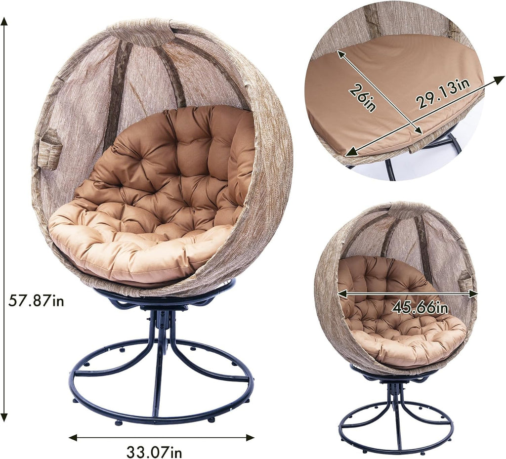 Oversized 360 Swivel Egg Chair - Foldable Rattan Seat w/Cushions, Outdoor Indoor Lounge Chair for Patio, Pool, Balcony & Living Room (Small Leaf Jacquard Khaki-2)